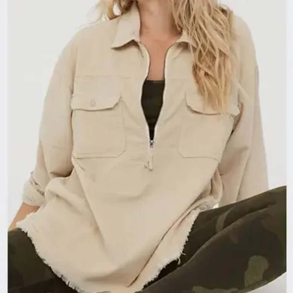 Offline By Aerie Corduroy Cream Half Zip Shacket Pockets Size S